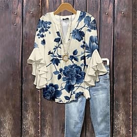 Femmes T-shirt A Volants Imprimé Fleuri Graphique Mode Moderne Demi Manches Col en V Hauts Réguliers Quotidien Sortir Bleu Bleu Roi Bleu Poudré Été Printemps