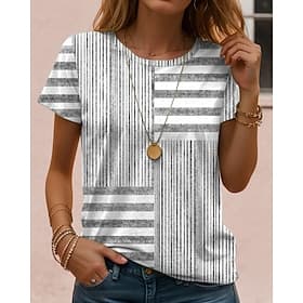 Women's T Shirt Print Graphic Geometric Vintage Classic Casual Short Sleeve Crew Neck Regular Tops Daily Weekend Beach Wear Blue Red Purple Gray Summer Spring