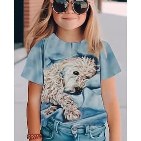 Mädchen 3D Hund T-Shirt Kurzarm Sommer Frühling Mode Basic Kinder 4-12 Jahre Rundhalsausschnitt Outdoor Lässig Täglich Normale Passform