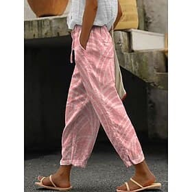 Pantalons Chino Femme En Lin Comme Éléguant Vacances Vintage Longueur Complète Taille Haute Imprimé Graphique Rayé Doux Respirant Micro-Élastique Quotidien Ext