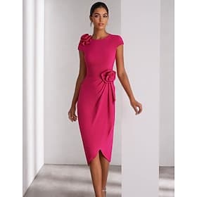 Sheath Column Ankle Length Cocktail Dresses Party Dresses Elegant Mother Side Slit Short Sleeve Crew Neck Wedding Formal Stretch Crepe with Shouder Flower