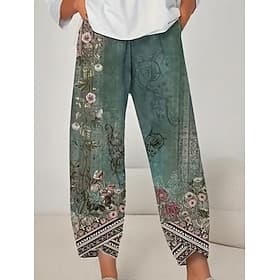 Women's Wide Leg Chinos Baggy Pants Beach Shorts Vacation Vintage Ethnic Style Ankle-Length High Waist Floral Graphic Printing Thermal Warm Soft Breathable Mic
