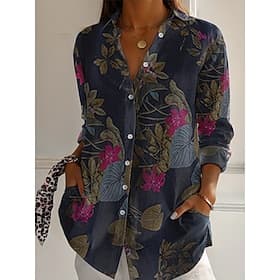 100%cotton Boho Shirt Women's Royal Blue Purple Khaki Toile Floral Print Pocket Home Party Elegant Neutral Daily Shirt Collar Loose Fit S