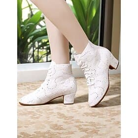 Women's White Lace-Up Performance Dance Boots with Rhinestone Accents - Vintage-Style Stage Shoes for Ballroom Shows, Costume Performances, and Theatrical Even