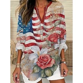 Independence Day Patriotic Women's Blouse Linen Like Breathable Lightweight Tunic V Neck Long Sleeve Boho Casual Graphic Flag Vintage Tropical Regular Tops Dai thumbnail 2