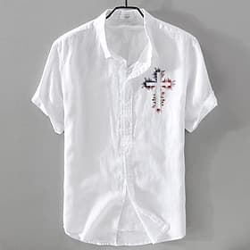 Men's Linen Shirt Casual Shirt Cotton Linen Shirt Button Up Shirt Pattern Beach Vacation Black Light Green Pink Sky Blue Short Sleeve Lapel Summer Clothing App