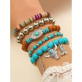 Women's Boho Western Charm Beaded Bracelet Set – Multilayer Stretch Stack with Turquoise, Wood Beads  Cowboy Boot, Feather, Bull Skull Charms – Festival, Casua