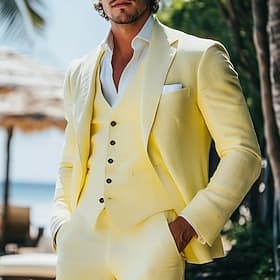 Pour des hommes Costumes en lin Mariage à la plage Occasionnel Jonquille Été Costume / Tailleur Revers Cranté Mode Formel Couleur Unie Coupe Standard 3 pièces