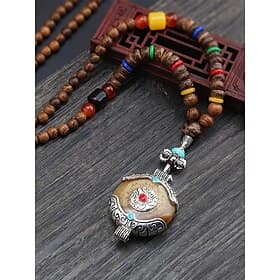 Men's Natural Wood Bead Necklace with Tibetan Totem Pendant, Boho Ethnic Style Long Chain Jewelry for Meditation, Yoga, Spiritual Gatherings and Casual Summer