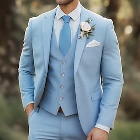 De los hombres Smoking Trajes boda en la playa Boda de primavera Azul cielo Primavera verano Traje Solapa de Pico Formal Color sólido Estándar Juego de 3 pieza