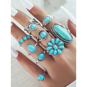 Set di anelli turchesi boho da donna: anelli impilabili in lega vintage con accenti di pietre preziose per lo stile western, festival o uso quotidiano