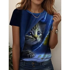 Women's T Shirt Print Graphic Animal Cat Vintage Stylish Classic Short Sleeve Crew Neck Regular Tops Daily Weekend Blue Purple Green Summer Spring