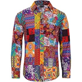 Retro Vintage Boho 1970er Hemd Hippie Patchwork Psychedelisch Kostüm Herren Halloween Karneval Straßentanz Retro-Mottoparty Festival Erwachsene Hemd