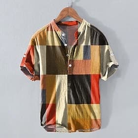 Homme Chemise en lin Chemise popover Chemise Henley Chemises rétro Chemise vintage Chemise ethnique Bloc de Couleur Vacances Occasionnel Multi Couleur Manche C