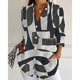 Women's Geometric Print Lapel Button Down Shirt Long Sleeve Casual Loose Blouse with Pockets for Daily  Holiday Wear Multiple Colors