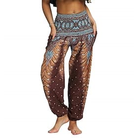 Rétro Vintage Boho Années 1970 Sarouel Pantalons de Yoga Hippie Taille Plissée Paon Plumes Déguisement Femmes Halloween Carnaval Vacances à la Plage Soirée à t