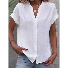 Women's Summer Shirt Casual Shirt Buttons Solid Color Vacation Stylish Casual Short Sleeve Notched Neck Regular Tops Daily Beach Holiday White Summer