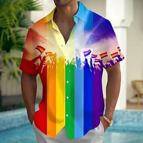 Men's Rainbow LGBT Pride Shirt Summer Shirt Button Up Shirt Short Sleeve Fashion Casual Holiday Summer Spring Turndown 3D Print Collared Shirts Front One Pocke