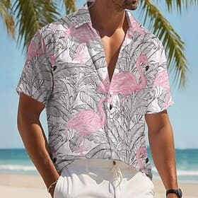 Men's Flamingo Bird Palm Leaf Shirt Summer Hawaiian Shirt Button Up Shirt Short Sleeve Hawaiian Resort Vacation Holiday Beach Wear Summer Spring Turndown 3D Pr