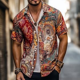 Men's Retro Indian Boho Shirt Summer Hawaiian Shirt Button Up Shirt Short Sleeve Hawaiian Vacation Holiday Beach Wear Summer Spring Turndown 3D Print Collared