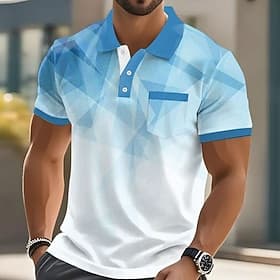 Men's Geometric Polo Short Sleeve Turndown Business Casual Daily Business Sports  Outdoor Casual Daily Pocket Buttons Summer Robin's Egg Blue Dark Blue Green