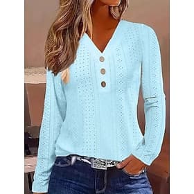 Women's 100% Cotton Blouse Solid Color Vintage Tropical Stylish Long Sleeve V Neck Regular Tops Daily Buttons Eyelet White Yellow Pink Blue Prefall