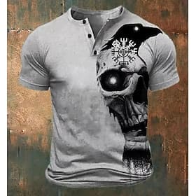 Herren Coole Totenköpfe T Shirt Henley Hemd Kurzarm Designer Retro Vintage Lässig Lässig Täglich Straße Sommer Frühling Ganzjahres Grau Henley Henley T-Shirt
