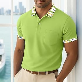 Men's Golf Shirt Pique Polo Shirt Casual Business Classic Short Sleeve Fashion Basic Solid Color Plaid Buttons Summer Spring Spring   Fall Regular Fit White Gr