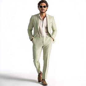 Herren Leinenanzüge Strandhochzeit Lässig Salbei Frühling, Herbst, Winter, Sommer Anzug Gekerbtes Revers Mode Formell Einfarbig Standard Passform 2-teilig Einr