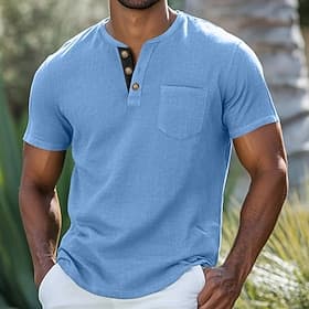 Men's Henley Shirt Tee Top Short Sleeve Plain Fashion Designer Basic Pocket Buttons Henley Vacation Street Going out Summer Blue Black Gray Henley T-Shirt