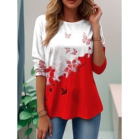 Women's T shirt Long Sleeve Crew Neck Long Sleeve Tunic Graphic Butterfly Plants Vintage Stylish Classic Regular Tops Daily Weekend Print Black Red Purple Brow