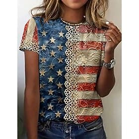 Independence Day Patriotic Women's T Shirt Floral Graphic Flag Fashion Casual Short Sleeve Crew Neck Round Neck Regular Tops Daily Print Blue Khaki Summer Spri