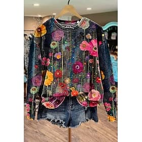 Women's Pullover Sweatshirt Print Floral Graphic Warm Active Vintage Long Sleeve Crew Neck Regular Tops Casual Street Dailywear Blue Black Pink Green Spring Fa