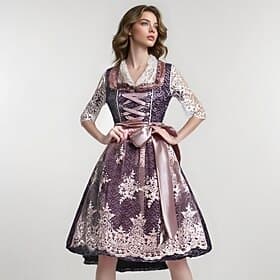 Women's Purple Lace Dirndl Dress with Blouse and Pink Apron for Oktoberfest Wiesn Party
