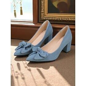 Women's Light Blue Bow Block Heel Pumps – 1950s Vintage Pointed Toe Denim Fabric Heels for Office, Weddings, and Daily Wear