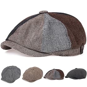 Men's Vintage Patchwork Herringbone Flat Cap – Classic Tweed Newsboy Hat for Autumn and Winter
