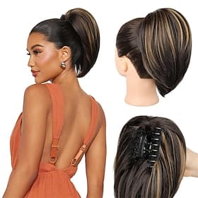 Ponytail Extension 10 Short Claw Clip in Ponytail Hair Extensions Messy Bun Hair Piece Natural Soft Synthetic Straight Pony Tail Hair Pieces for Women - Dark B