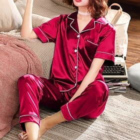Women's Pajama Set Satin Notch Collar Short Sleeve Elastic Waist Home Loungewear Burgundy Silk-like Sleepwear All Seasons Comfort Fit