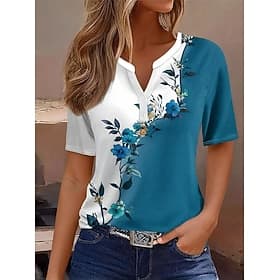 Women's T Shirt Print Ombre Floral Graphic Vintage Stylish Classic Short Sleeve Notched Neck Regular Tops Daily Weekend Blue White Green Summer Spring