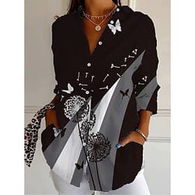 Women's Shirt Buttons Print Geometric Active Daily Stylish Long Sleeve Shirt Collar Regular Tops Daily Holiday Black White Spring Fall