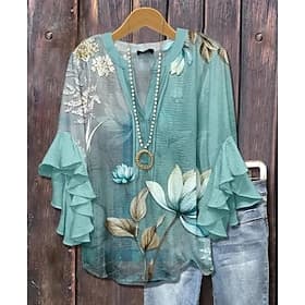 Blouse Femme V Col Graphique Géométrique Bohème Vintage Quotidien Manches 3/4 Hauts Normaux Quotidien Vacances Imprimé Noir Blanc Jaune Vert Kaki Été Printemps