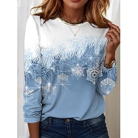 Women's T-Shirt Winter Snowflake Print Blue Gradient Casual Comfortable Pullover Regular Fit Holiday Season Cozy Top Prefall