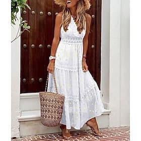 Femmes Robe Longue Maxi Robe Robe en Dentelle Robe Blanche Robe trapèze Robe unie Basique Boho Ligne A Plage Vacances Fête Coupe régulière Sans manches Col en
