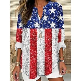 Independence Day Women's Patriotic Fourth of July Blouse Graphic Flag Vintage Tropical Hawaiian Long Sleeve V Neck Regular Tops Daily Holiday Beach Wear Print thumbnail 2
