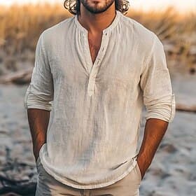 Men's Shirt Linen Shirt Summer Shirt Beach Shirt Solid Color Vacation Casual Black White Light Blue Long Sleeve Henley Clothing Apparel Multiple Pockets