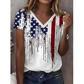 Independence Day Patriotic Women's T Shirt Graphic Flag Vintage Stylish Classic Short Sleeve V Neck Regular Tops Daily Print White Summer Spring