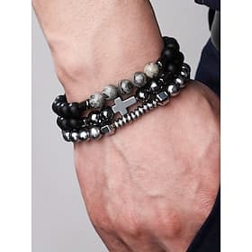 Men's Obsidian Beaded Cross Bracelet Set - Multi-layered matte obsidian and metal beads with grey gemstone decoration, Stretch design, Bohemian style, Ssuitabl