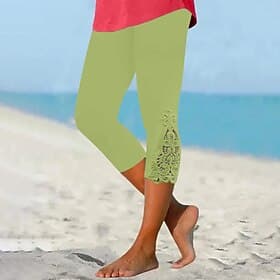 Women's Capri Pants Leggings Cozy Leggings Streetwear Casual Calf-Length Natural Plain Lace Patchwork Elastic Waist Comfy Outdoor Comfortable Outdoor Vacation