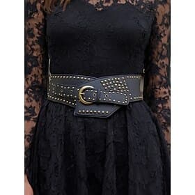 Women's Wide Black Brown Faux Leather Belt - Vintage Rivet Design with Brass Buckle, Perfect for Dresses, Cosplay and Gothic Costumes