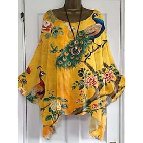 Women's Boho Shirt Floral Graphic Elegant Bohemia Active Short Sleeve Batwing Sleeve Boat Neck Regular Tops Daily Holiday Beach Wear Blue Yellow Pink Khaki Bei